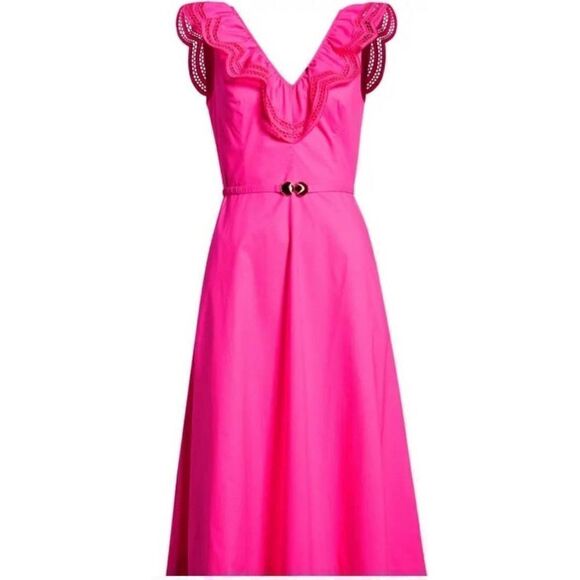 Lilly Pulitzer Carine Dress Berry Pink Ruffle Neckline Midi Length Size 00 - Picture 1 of 16